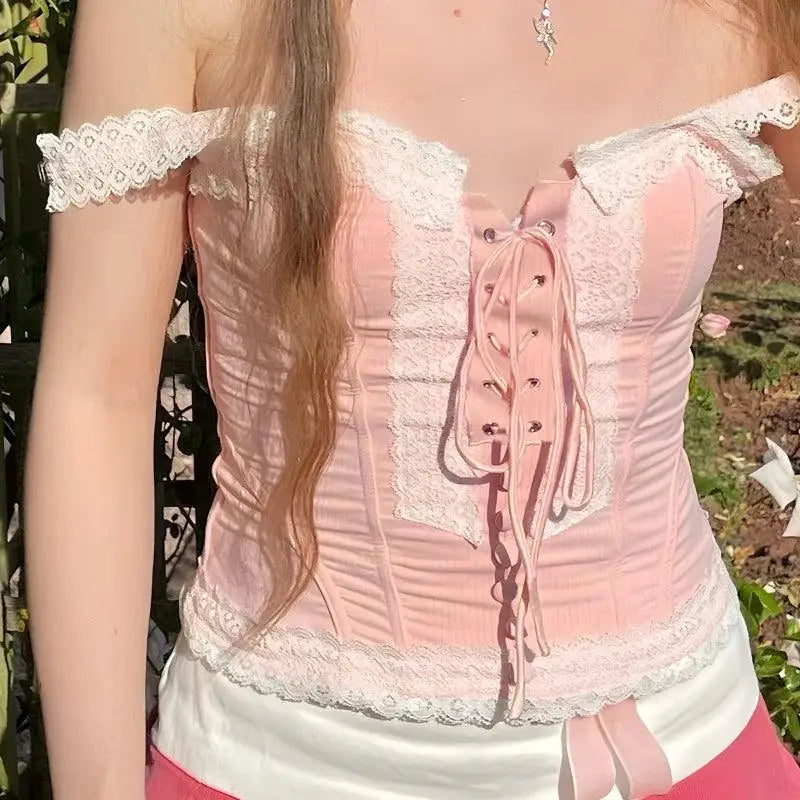 Stylish lace-up top with delicate lace details