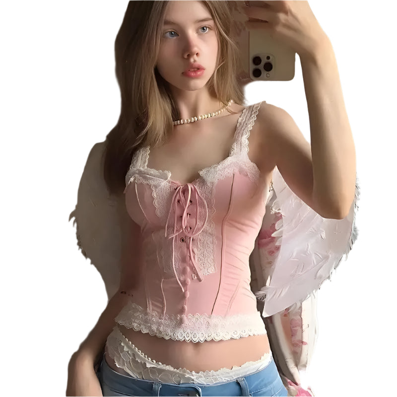 Haut coquette à lacets esthétique avec détails délicats en dentelle