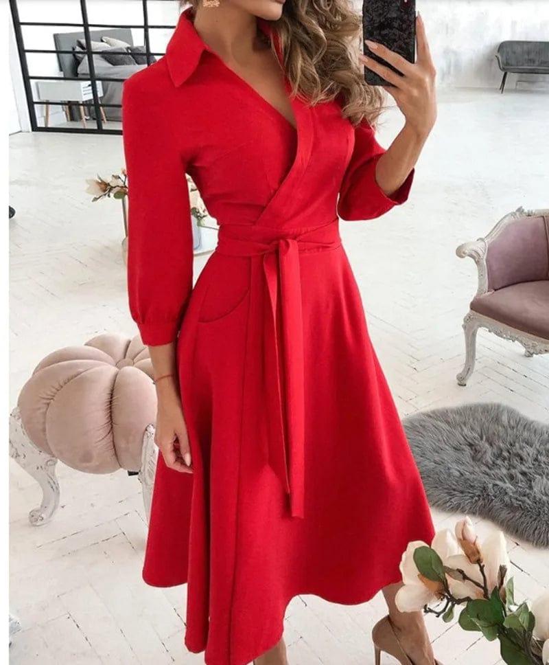 Robe portefeuille mi-longue élégante pour femme – Col en V, style printemps