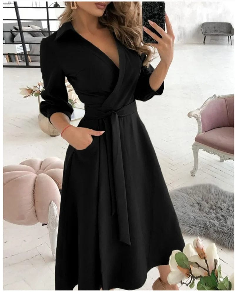 Robe portefeuille mi-longue élégante pour femme – Col en V, style printemps
