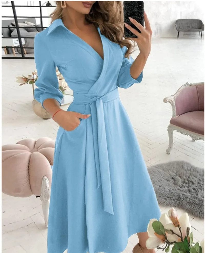 Robe portefeuille mi-longue élégante pour femme – Col en V, style printemps