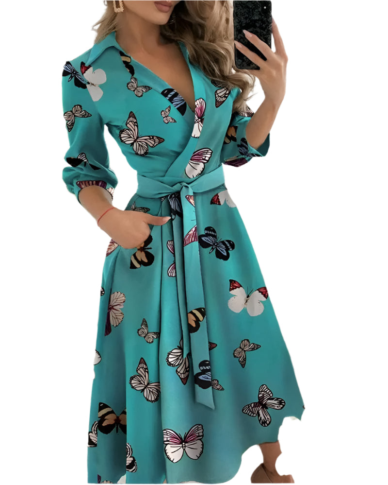 Robe portefeuille mi-longue élégante pour femme – Col en V, style printemps