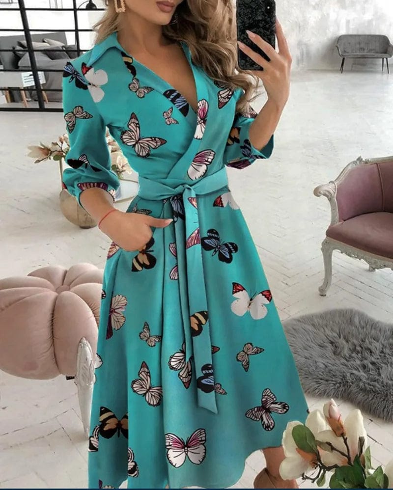 Robe portefeuille mi-longue élégante pour femme – Col en V, style printemps