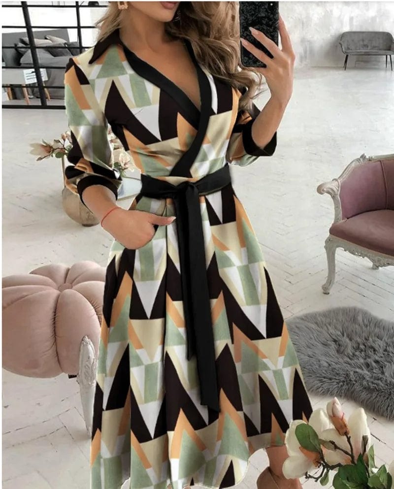 Robe portefeuille mi-longue élégante pour femme – Col en V, style printemps