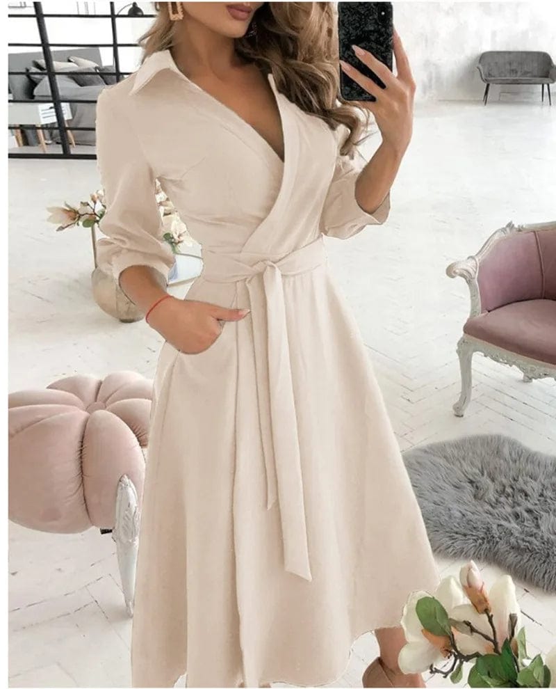 Robe portefeuille mi-longue élégante pour femme – Col en V, style printemps