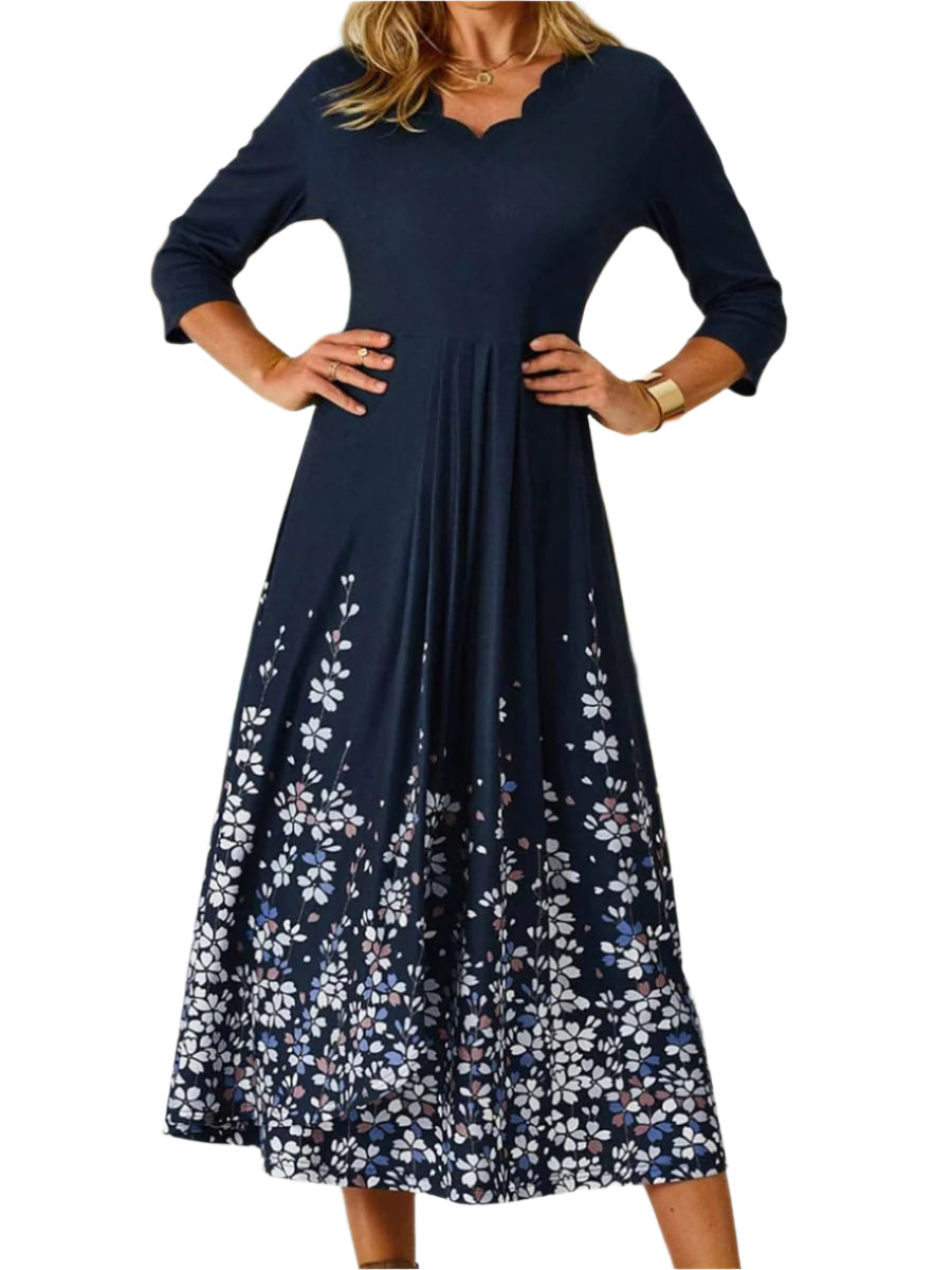 Chic floral midi dress scalloped collar 3/4 sleeves elegant flowing