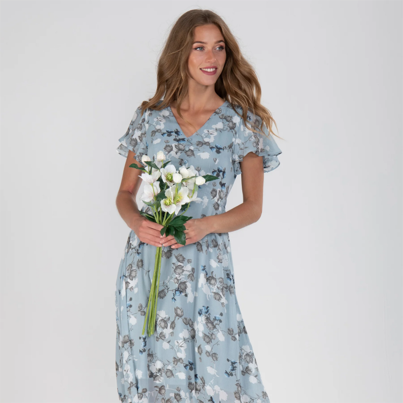 Vintage floral midi dress with elegant V-neck and light sleeves for women