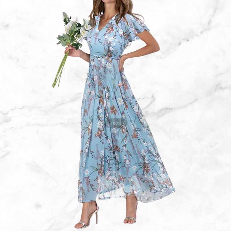Vintage floral midi dress with elegant V-neck and light sleeves for women