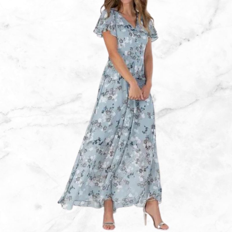 Vintage floral midi dress with elegant V-neck and light sleeves for women