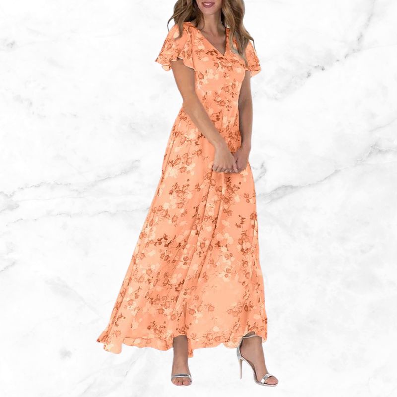Vintage floral midi dress with elegant V-neck and light sleeves for women