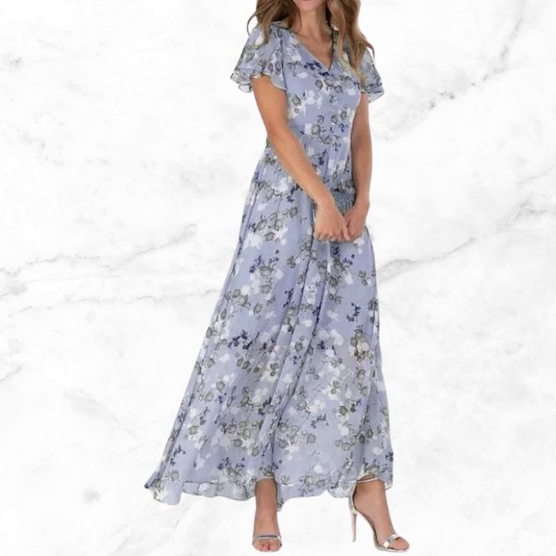 Vintage floral midi dress with elegant V-neck and light sleeves for women