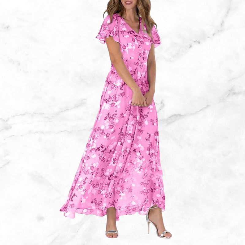 Vintage floral midi dress with elegant V-neck and light sleeves for women