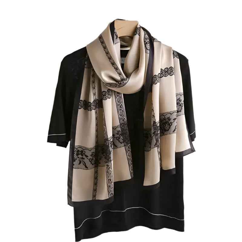 Foulard en soie imprimé pour femme – Motif quadrillé avec détails en dentelle