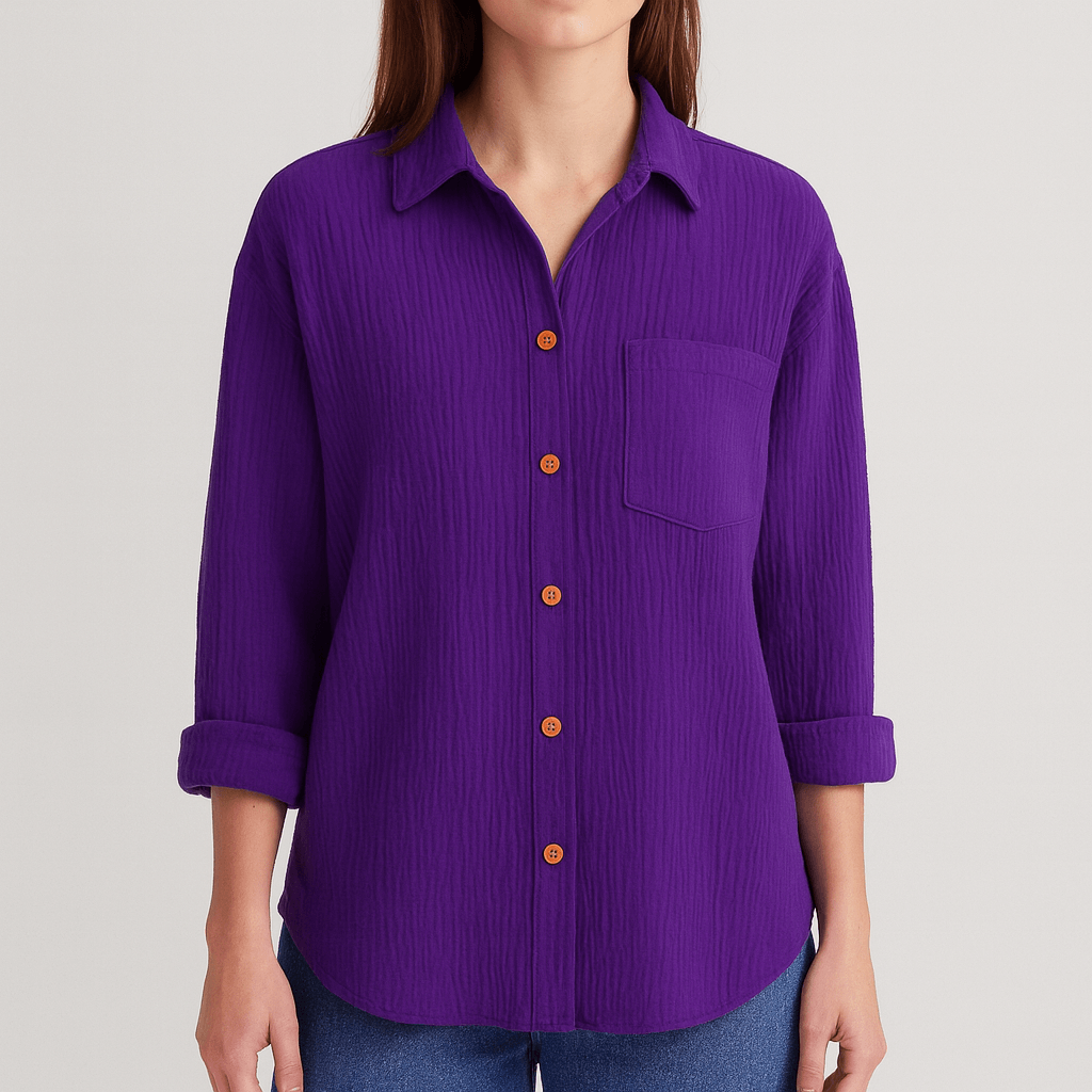 Ruched Button-Up Shirt – Front Pocket – Rolled Sleeves | Yvonne Eclat