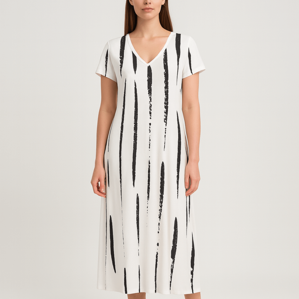 Abstract Print Maxi Dress – V-Neck – Short Sleeves | Yvonne Eclat