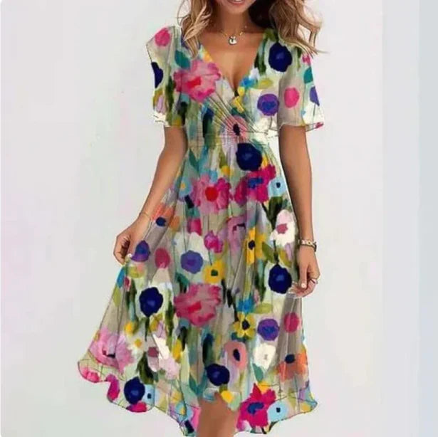Midi floral chiffon dress with flounced hem and chic V-neck for women
