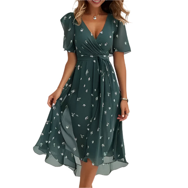 Midi floral chiffon dress with flounced hem and chic V-neck for women