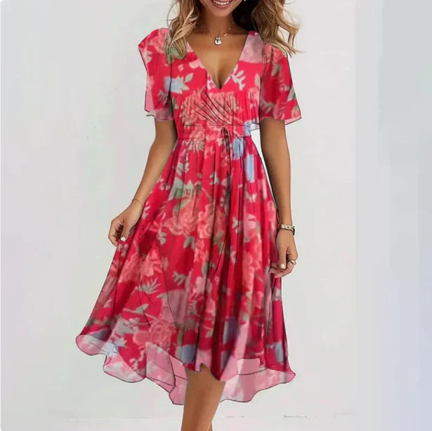 Midi floral chiffon dress with flounced hem and chic V-neck for women