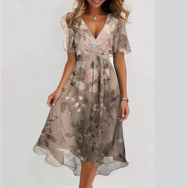 Midi floral chiffon dress with flounced hem and chic V-neck for women