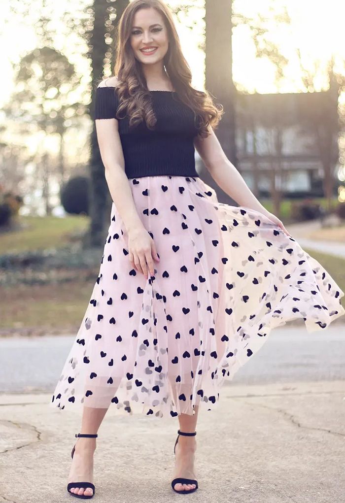 Long tulle skirt for women – with hearts, elegant double layer