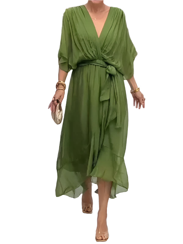 Robe Longue en Mousseline à Col V – Tenue d'Été Élégante pour Femme