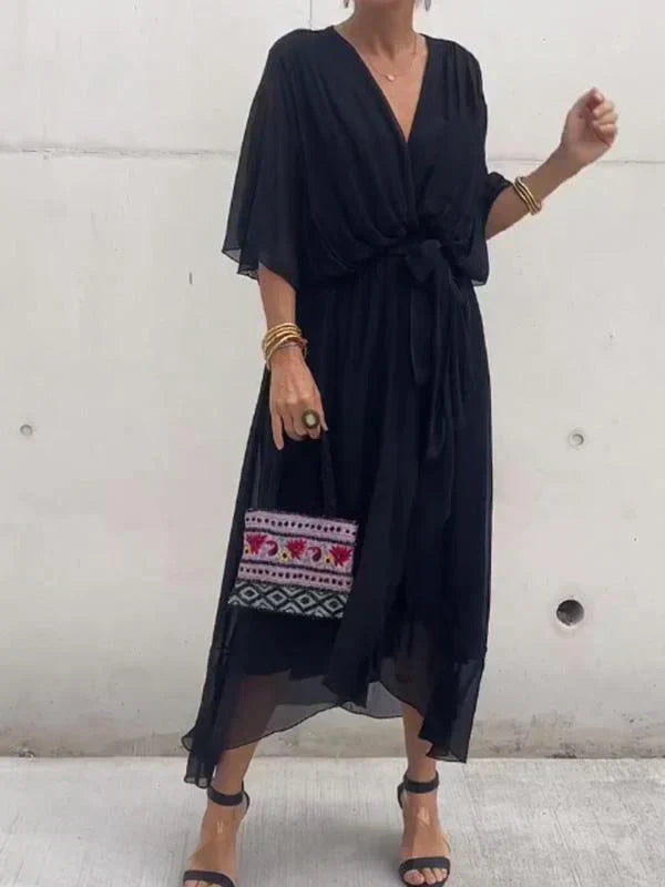 Robe Longue en Mousseline à Col V – Tenue d'Été Élégante pour Femme