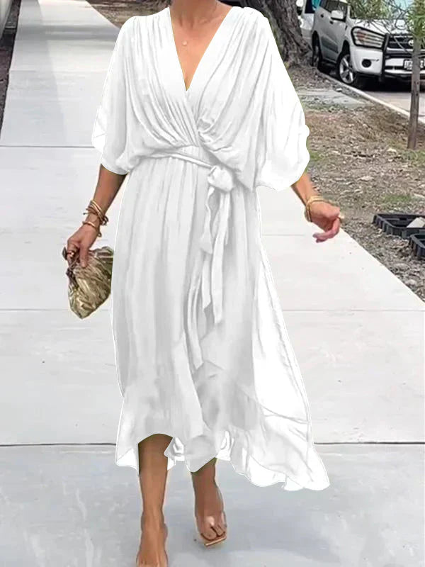 Robe Longue en Mousseline à Col V – Tenue d'Été Élégante pour Femme
