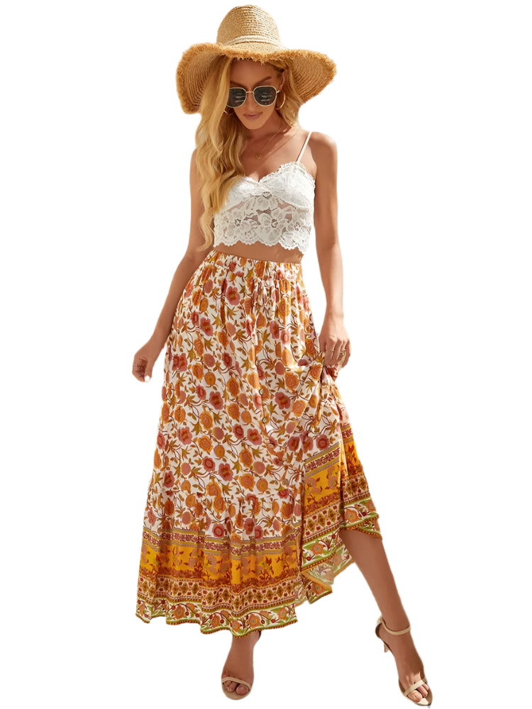 Bohemian long skirt for women – floral, buttoned, and flowing