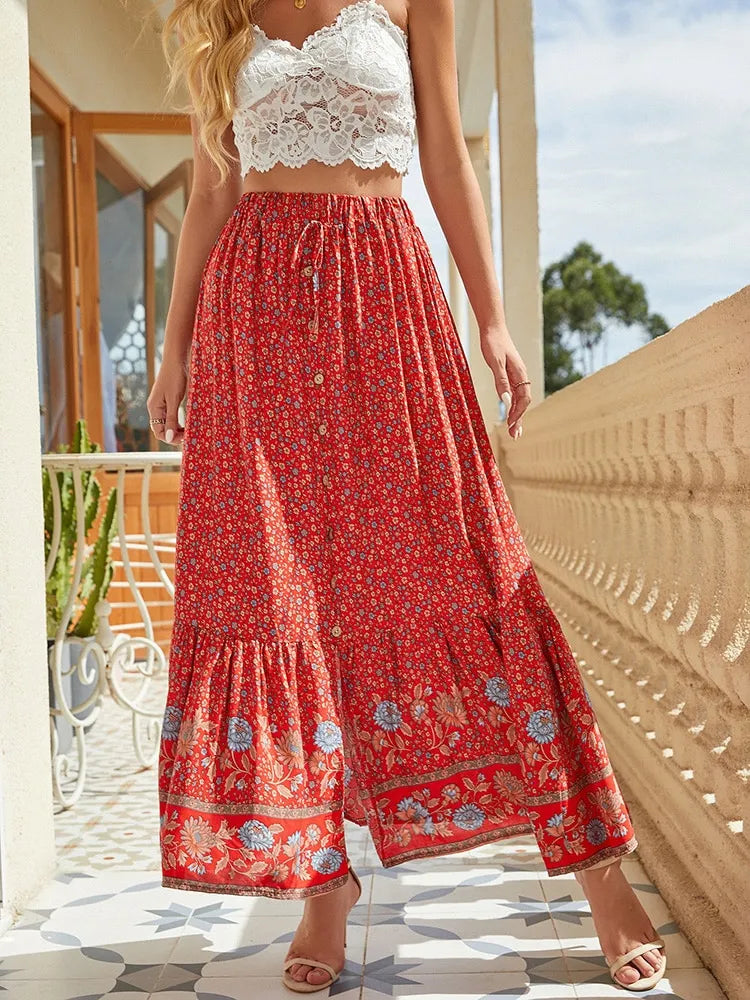 Bohemian long skirt for women – floral, buttoned, and flowing
