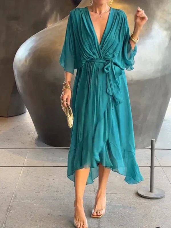 Robe Longue en Mousseline à Col V – Tenue d'Été Élégante pour Femme