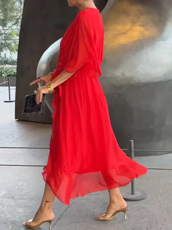 Robe Longue en Mousseline à Col V – Tenue d'Été Élégante pour Femme