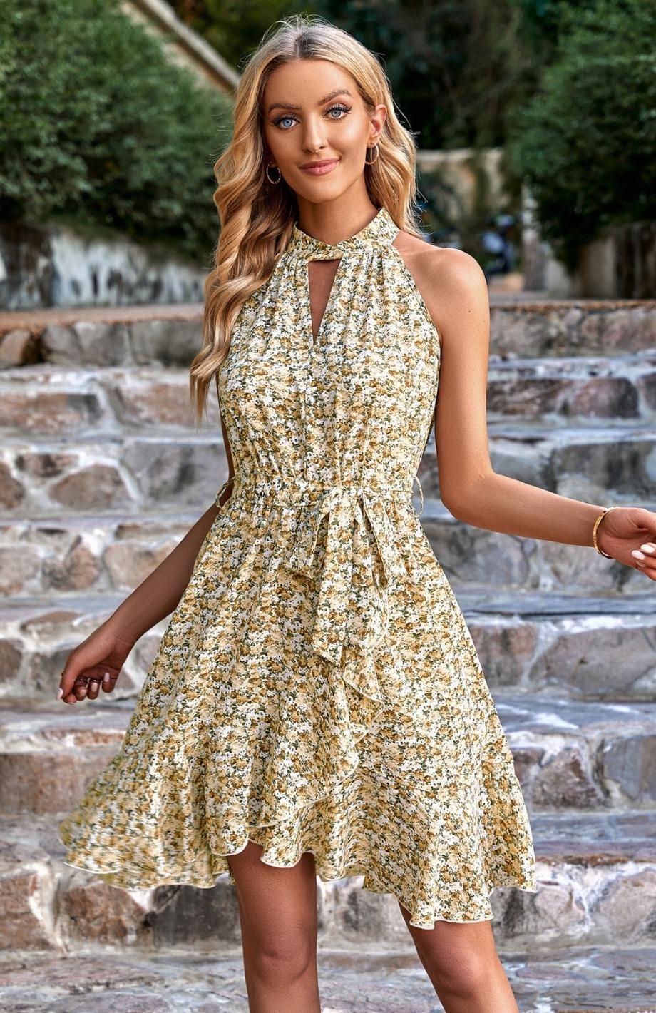 Mini backless dress with floral print and ruffled hem for women