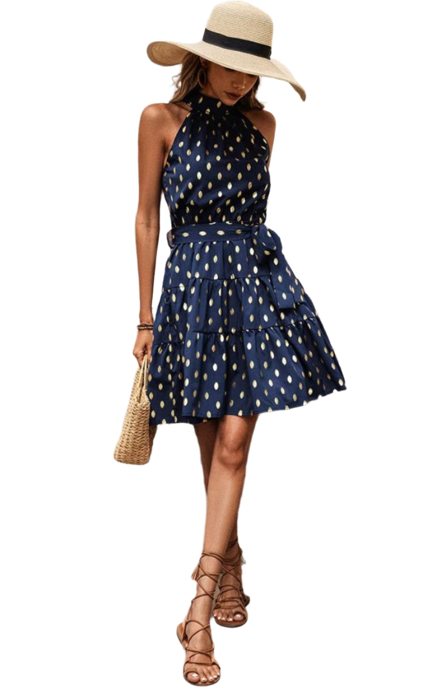 Mini backless dress with ruffles and halter neck - summer outfit for women