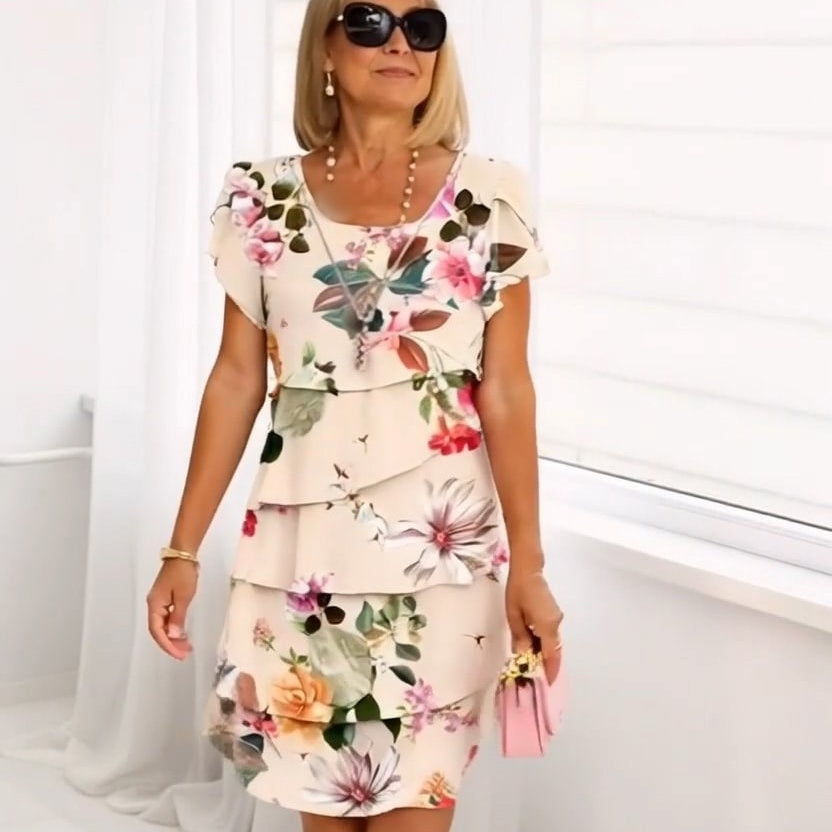 Chic floral midi dress with elegant ruffles printed short sleeves