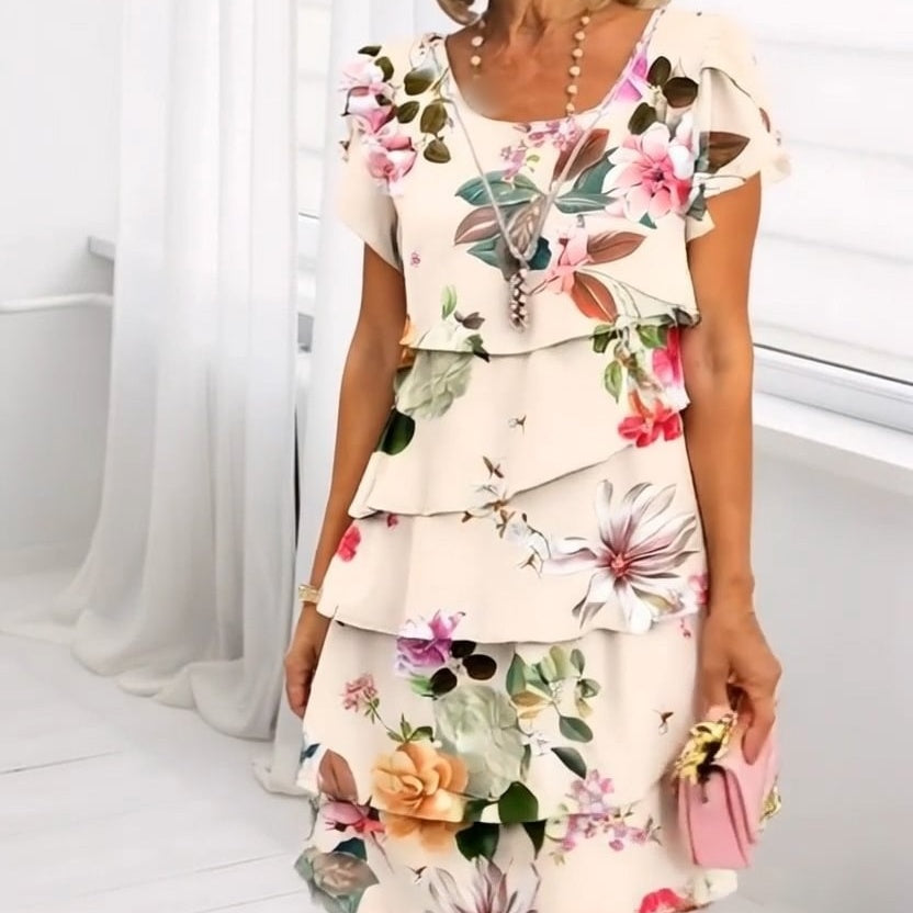 Chic floral midi dress with elegant ruffles printed short sleeves