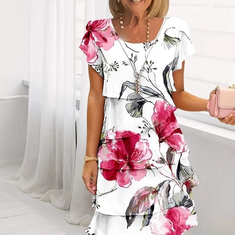 Chic floral midi dress with elegant ruffles printed short sleeves