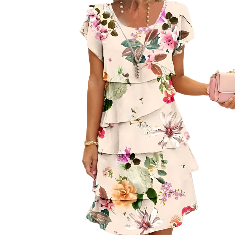 Chic floral midi dress with elegant ruffles printed short sleeves