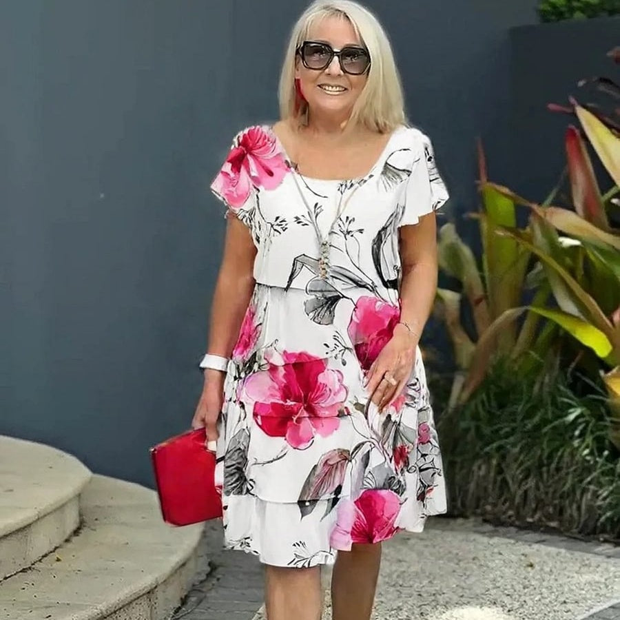 Chic floral midi dress with elegant ruffles printed short sleeves