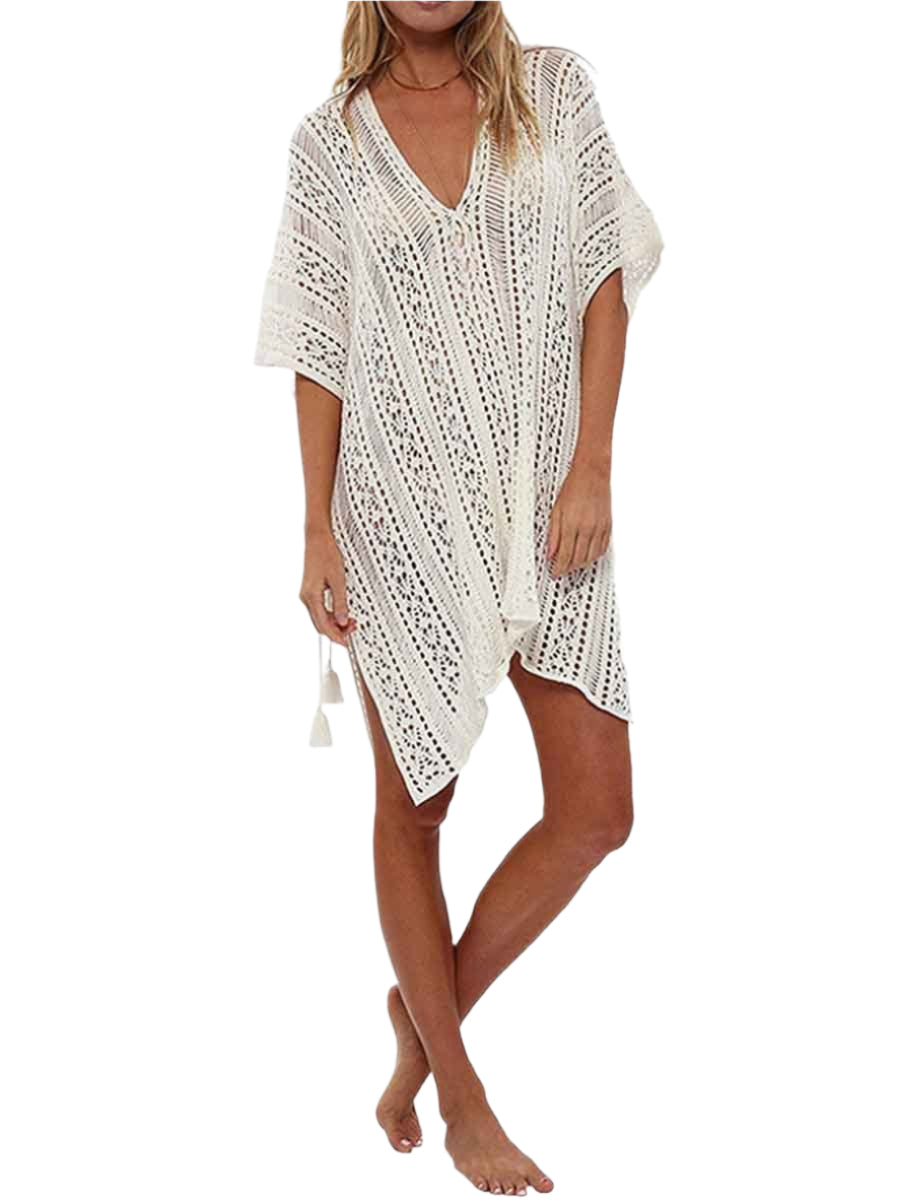 Hollow knit beach cover-up dress with V-neck for women