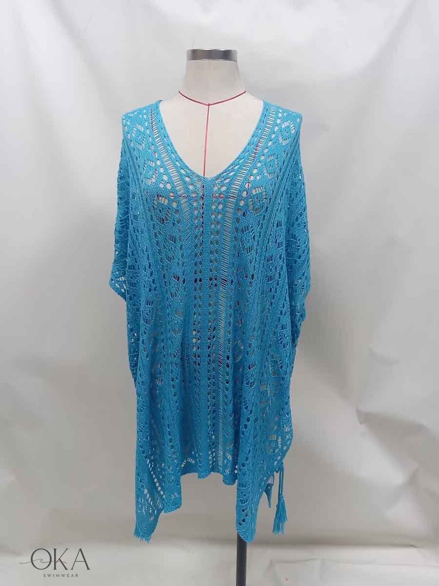 Hollow knit beach cover-up dress with V-neck for women