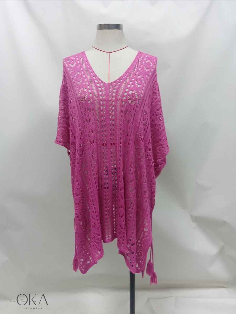 Hollow knit beach cover-up dress with V-neck for women