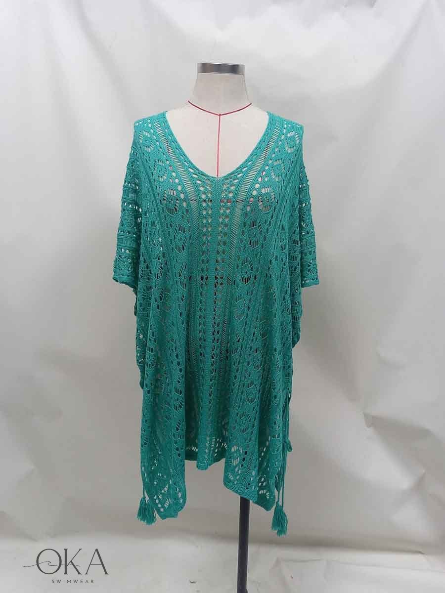Hollow knit beach cover-up dress with V-neck for women