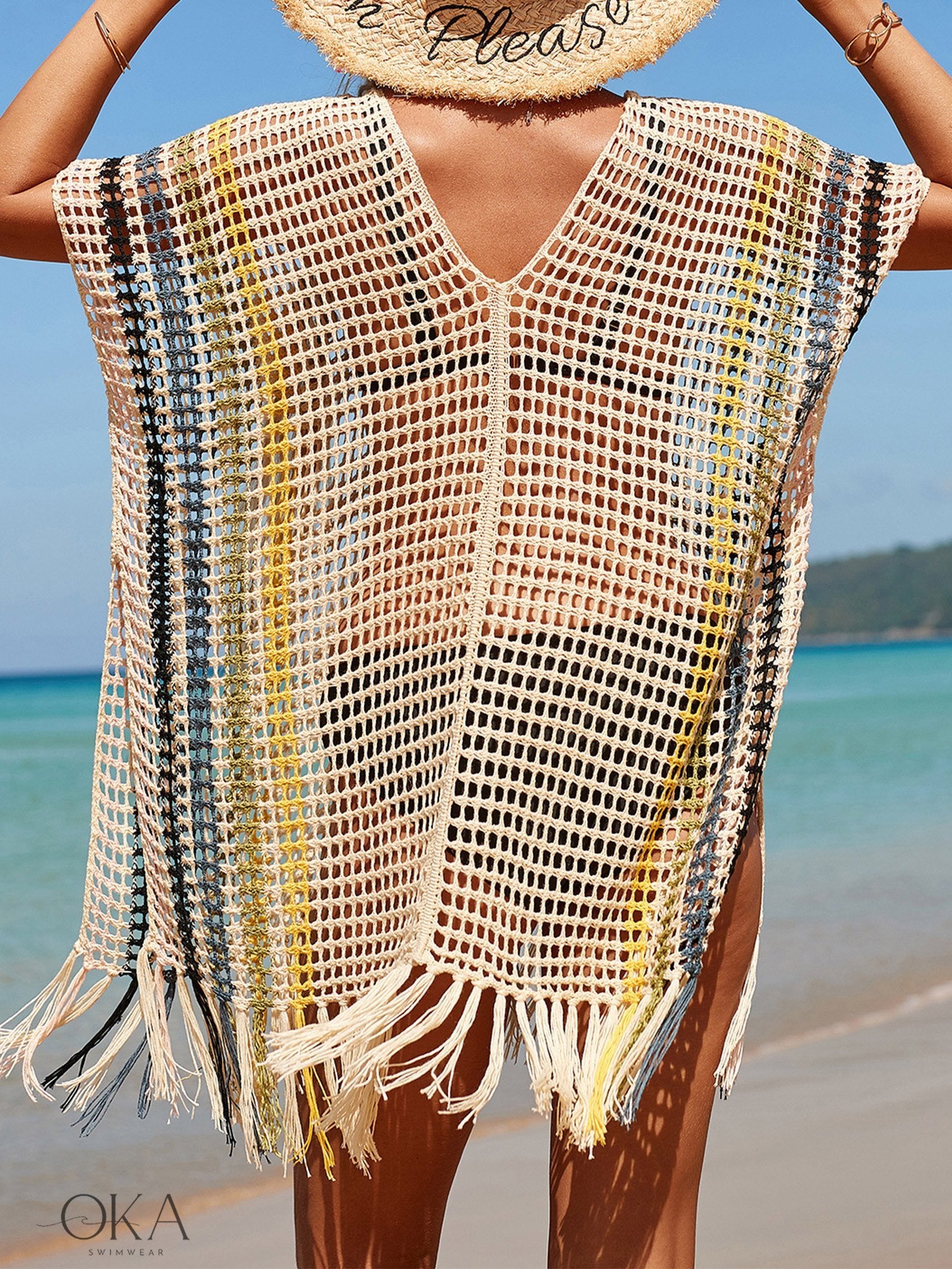 Knitted pompom dress with V-neck beach cover-up for women