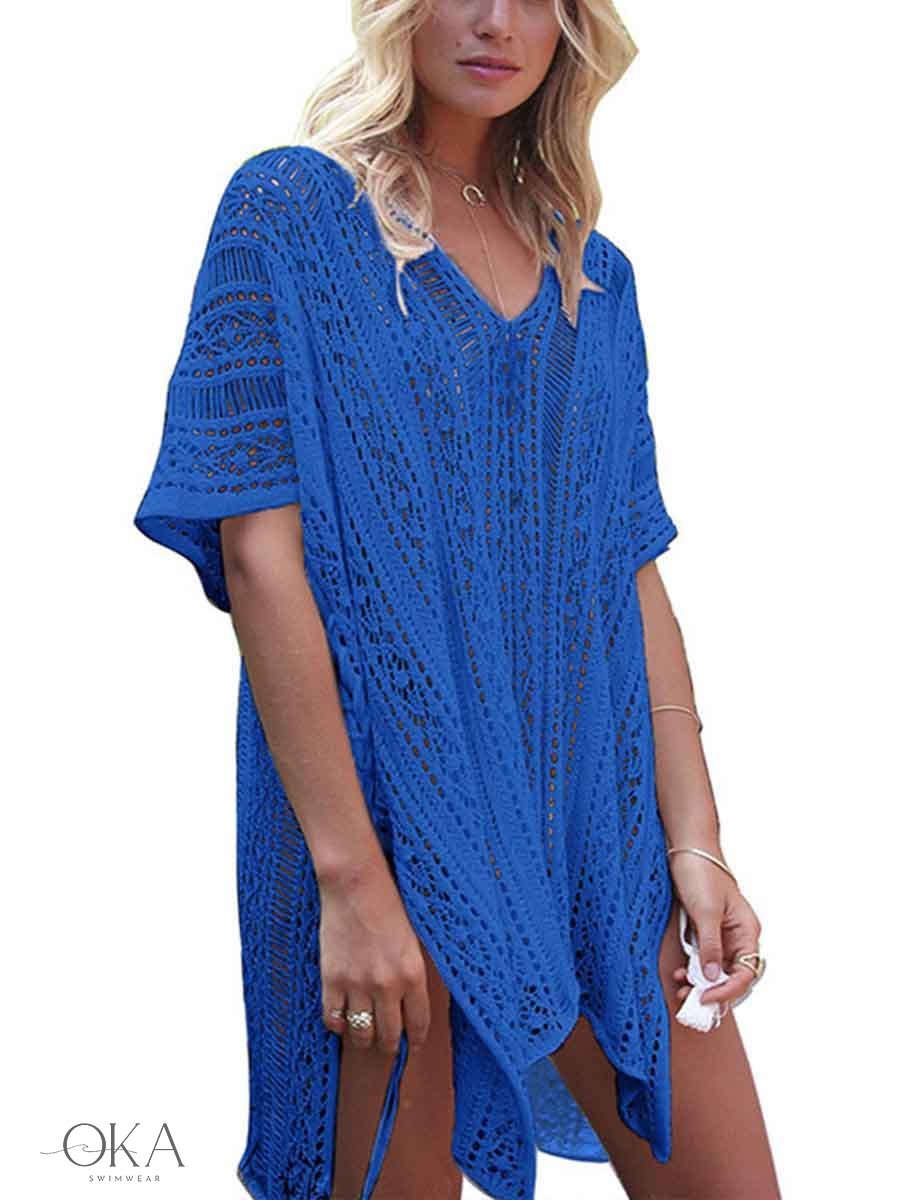 Hollow knit beach cover-up dress with V-neck for women