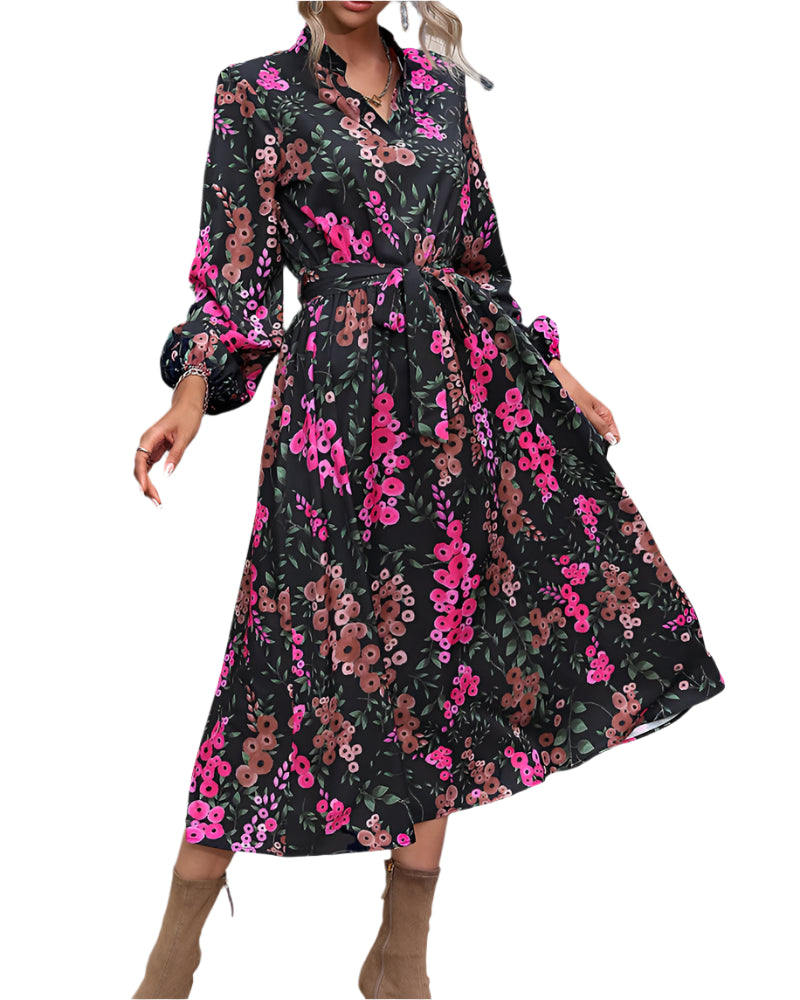 Elegant belted floral midi dress with V-neck and long sleeves for women